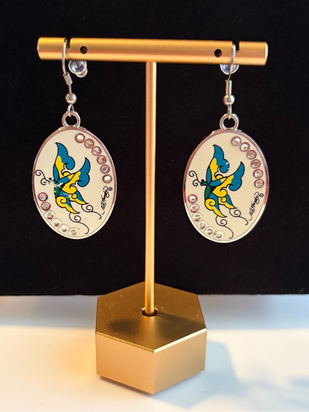 Ed Hardy Vintage Blue & Yellow Butterfly Oval Drop Earrings
